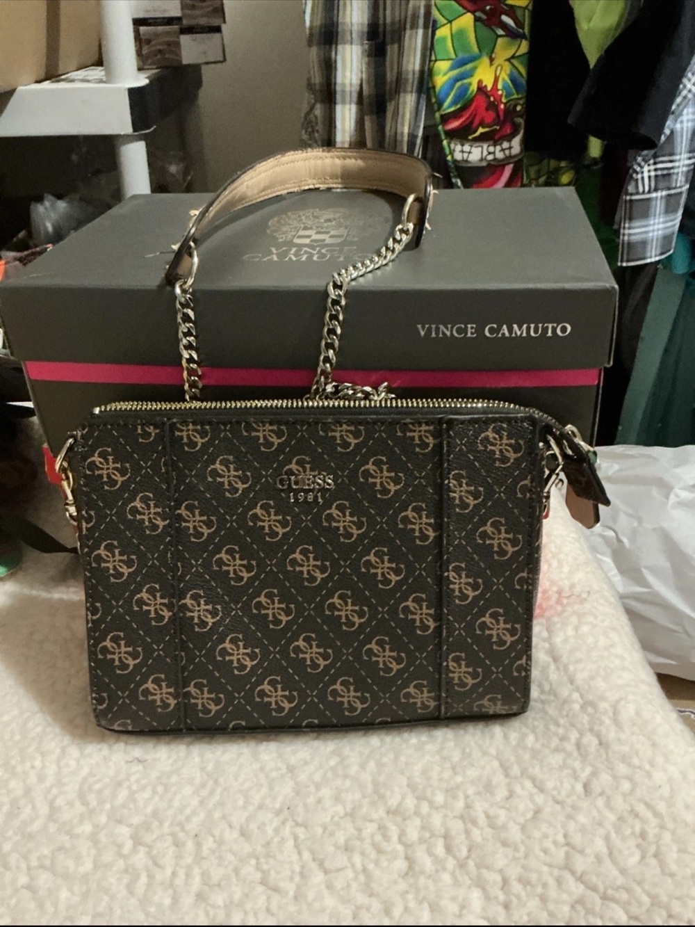 GUESS Brown Monogram Crossbody with Gold Chain Strap